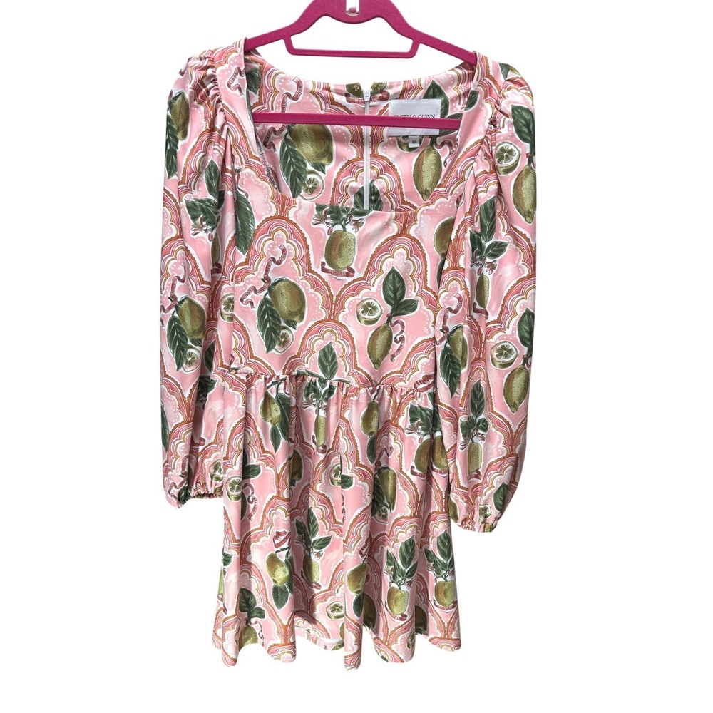 Smith & Quinn Dress Womens Medium Pink Green Puff Sleeve Square Lime Print Mini